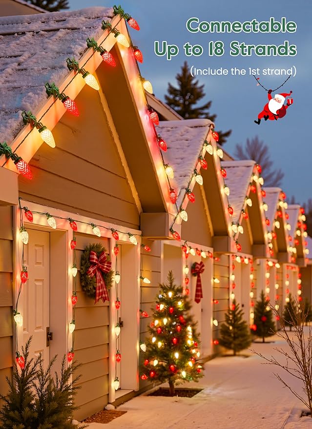 C9 LED Christmas Lights Outdoor 99 Feet 150 LED String with Spring Clips Waterproof Connectable Roofline Patio Home Xmas Decor Red &amp Warm White