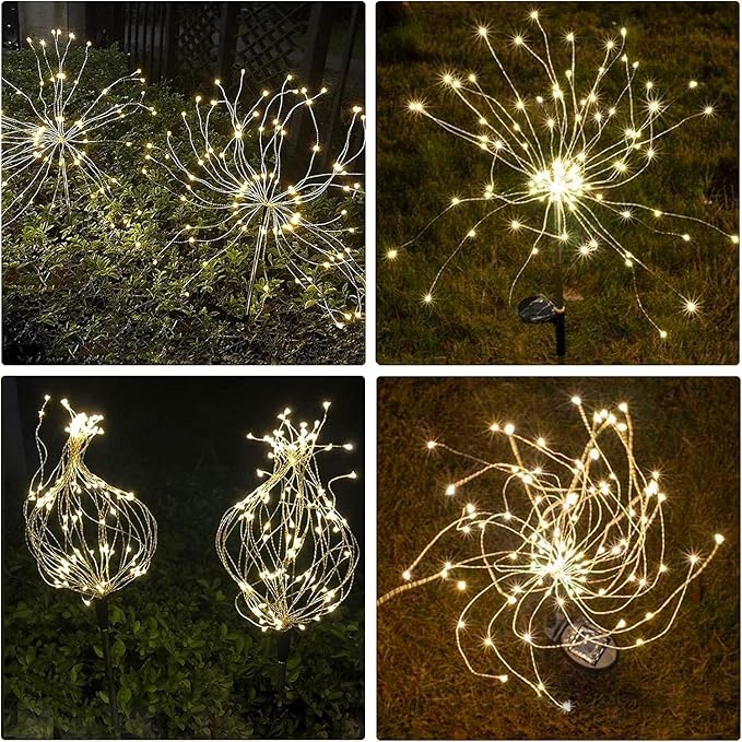 Solar Firework Lights 2Pcs Garden Lights Outdoor Waterproof 120 LED with 8 Modes Twinkling and Steady-On Festive daysStarburst Lights for Path Patio Yard (Warm White)