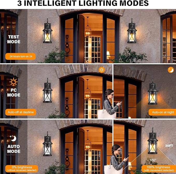 Darkaway Motion Sensor Outdoor Wall Light Dusk to Dawn Outdoor Porch Light with GFCI Outlet Waterproof Exterior Wall Sconce with Seeded Glass Black Wall Mount Lighting Fixture for House Patio Garage