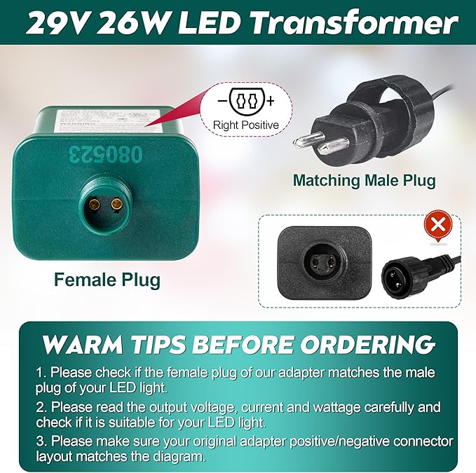 Enhon 29V LED Power Supply UL Certification LED Transformer Replacement Class 2 Power Supply Low Voltage Transformer US Plug Adapter for Christmas Tree Light Green Right Positive(TS-26WL29V)