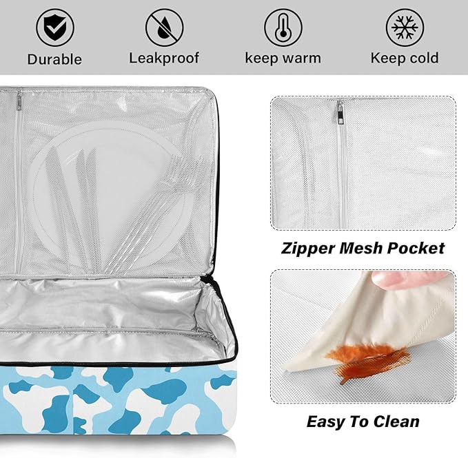 Casserole Carrier Blue and White Cow Print PatternInsulated Casserole Carrier for Hot or Cold Food Thermal Lunch Tote for Potluck Parties Picnic Beach Fits 9 x 13 Inches Baking Dish
