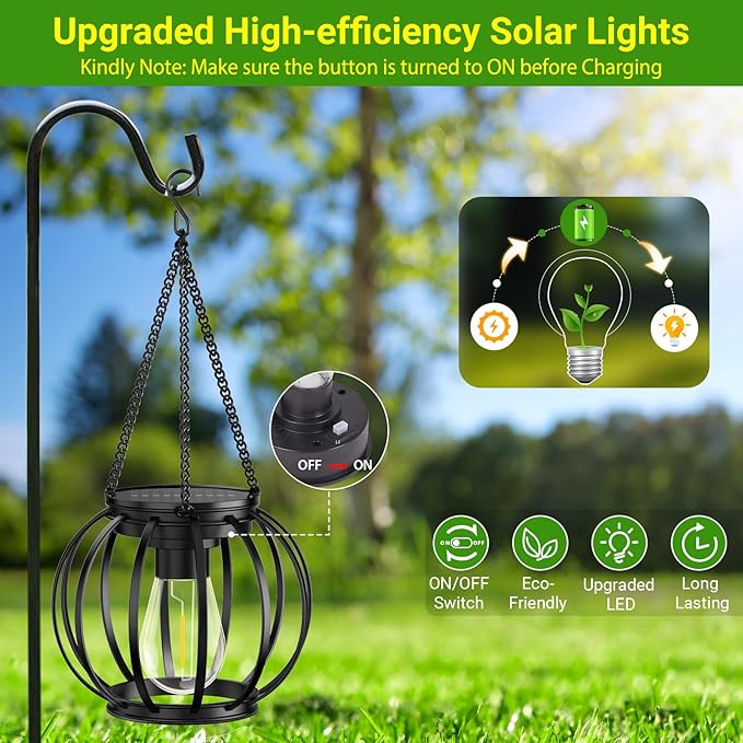 KOOPER Solar Lanterns Outdoor Waterproof Upgraded Metal Hanging Solar Lights Outdoor Lanterns Brighter Auto On/Off Outdoor Hanging Lantern for Yard Patio Pathway Porch Garden Decor 2 Pack