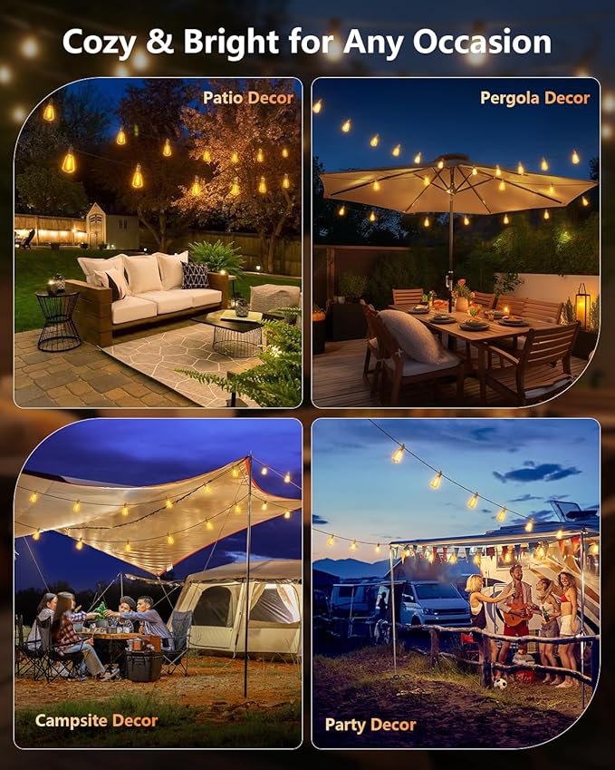 Brightown 37FT Solar String Lights Outdoor Waterproof with Remote 10+1 LED Shatterproof Bulbs Dimmable &amp Timable 3 Light Modes - Commercial Grade Patio Lights for Garden Backyard Party Decor
