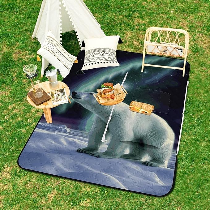 Zipper Polar Bears Northern Lights Style Picnic Mat Suitable for Travel Camping Park Or Home Use