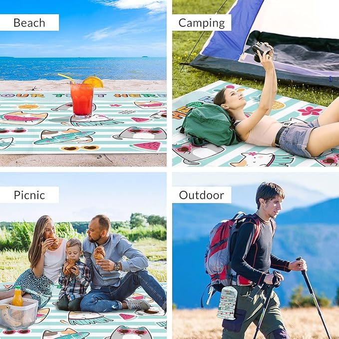 Personalized Beach Blanket Waterproof Sand Proof Oversized Quick Drying Cat Beach Mat 9.8 x 9.2 Ft for 1-8 People Foldable Outdoor Essentials for Hiking Picnic Camping