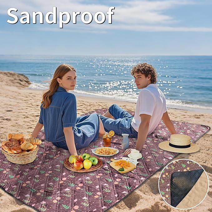 Outdoor Cute Picnic Blanket Brown Floral 60x80 Sandproof Beach Blanket Waterproof Picnic Blankets Foldable for Caming Beach Outdoor Activities.