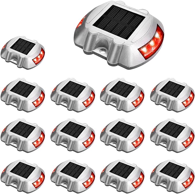 JIGUOOR Solar Deck Lights LED Driveway Lights Solar Powered Dock Light Outdoor IP68 Waterproof Road Markers for Step Sidewalk Stair Boat Garden Ground Pathway Yard (Red 14 Pack)