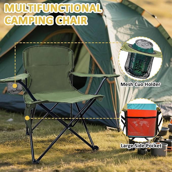 Folding Camping Chair with Cup Holder and Cooler Bag Portable Outdoor Chair for Camping Fishing Beach Picnic Heavy Duty Steel Frame Carry Bag Included Supports 225LBS Green 2 Pack