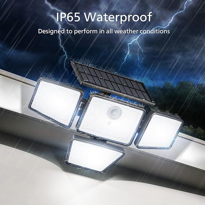 Philips Solar Security Light Outdoor 196 LED Wall-Mounted Flood Light w/PIR Motion Sensor 3 Modes 4 Adjustable Heads Solar-Powered Floodlights with Remote Control IP65 Waterproof 4PK
