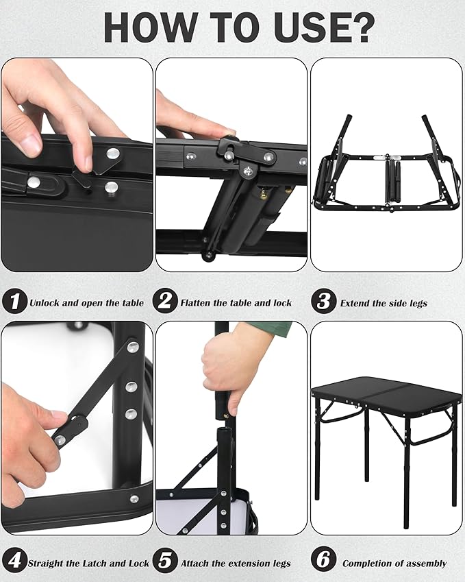 LOFTEY 2025 Reinforced Small Folding Table Portable Small Foldable Camping Table Heavy-Duty Mini Folding | 2 Adjustable Height | Lightweight Aluminum with Handle | 25 x 16 x 22 Black