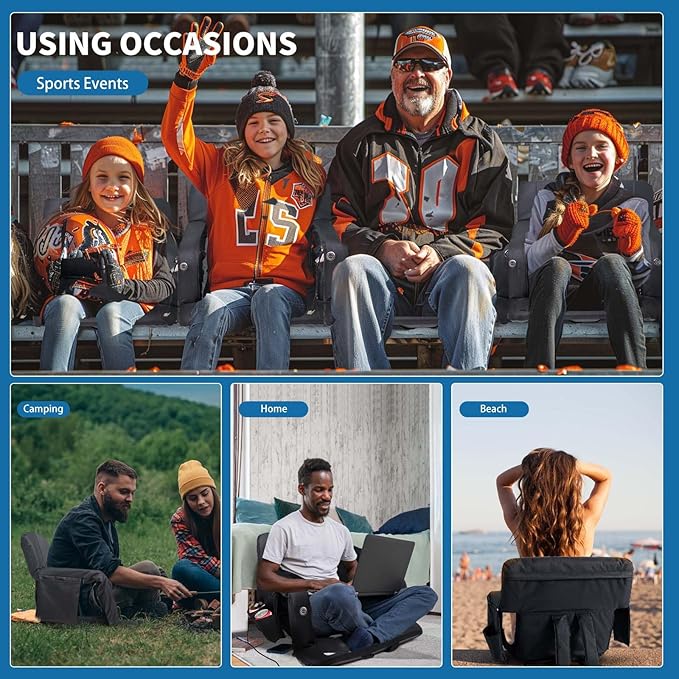 NAIZEA Heated Stadium Seats Bleacher Seat with Back Support &amp Arm Armrest Portable 6 Reclinng Positions Stadium Chair for Sports Events Outdoors（Power Bank is Not Included