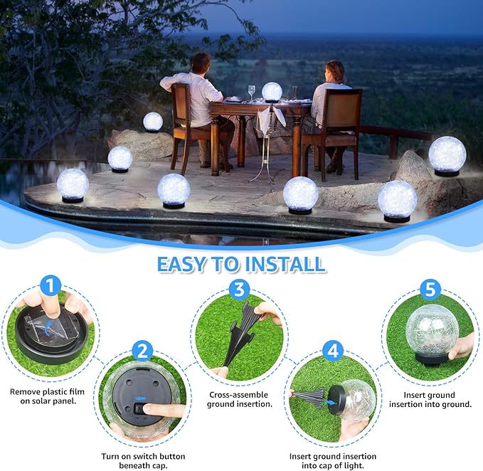2-Pack Garden Solar Lights Outdoor Cracked Glass Ball Light Waterproof Decorative Solar Powered Globe Lighting Cool White for Yard Pathway
