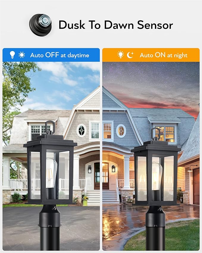VIANIS Post Lights Outdoor 2 Pack Outdoor Post Lights Dusk to Dawn Black Pole Lights Outdoor with Tempered Glass Post Lantern for Garden Driveway Entryway Anti-Rust (Hardwired Non-Solar)