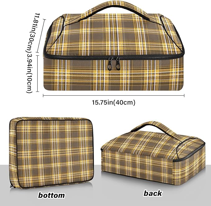 Casserole Carrier Yellow Brown Tartan Pattern Insulated Casserole Carrier for Hot or Cold Food Thermal Lunch Tote for Parties Picnic Travel Carry Bag