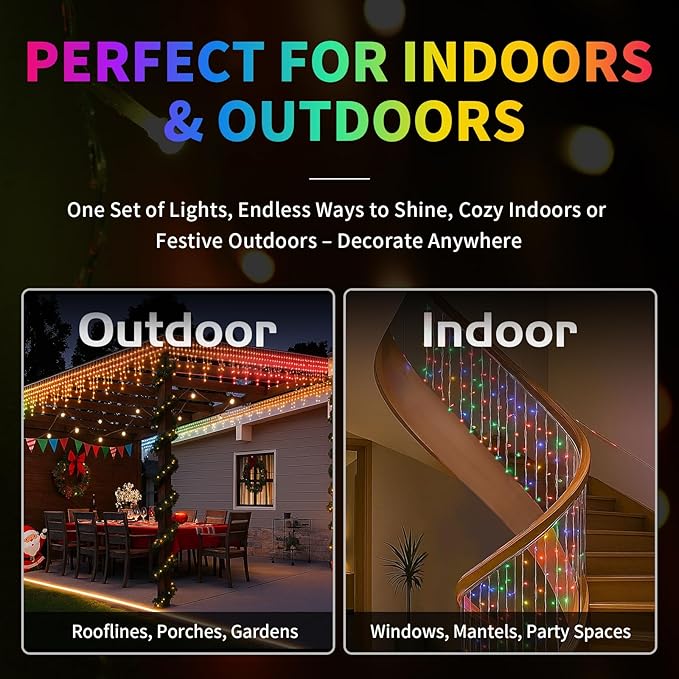 66FT Smart RGB LED Icicle Lights for Outdoor - App Controlled Waterproof Christmas Lights with Music Sync &amp DIY Color Modes for Holiday Party &amp Garden Decoration 608 LED