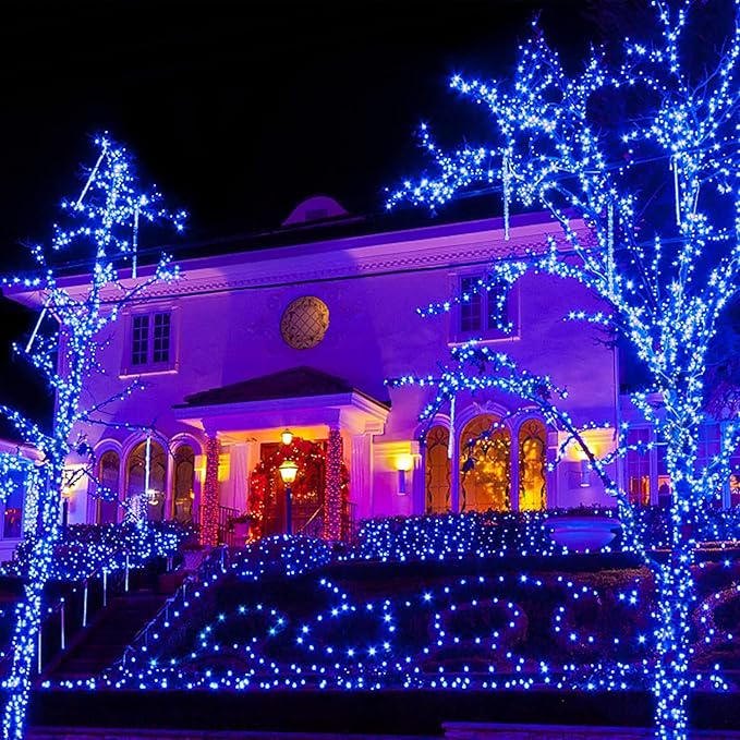 JMEXSUSS 600 LED Blue Solar Christmas Lights 206.7ft Blue Christmas Lights Outdoor Waterproof 8 Modes Solar Light Outdoor for Yard Patio Tree Garden Party Bushes Xams Decorations
