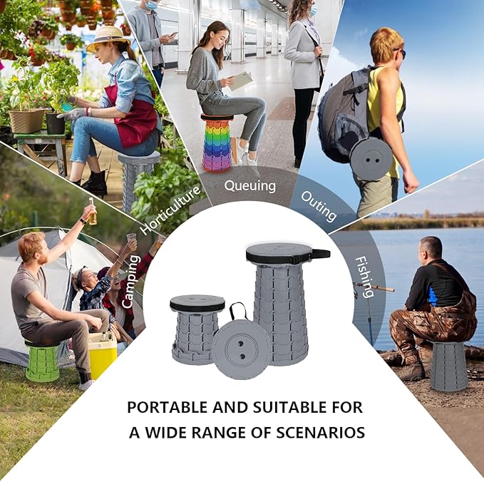 Upgraded Collapsible Stool 450LBS - Adjustable Height (2.5-18) Portable Telescoping Seat for Camping Hiking Indoor Office (Light Gray)