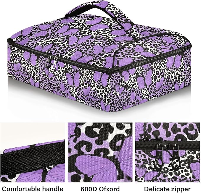 Casserole Carrier Leopard Print Pattern Purple ButterfliesInsulated Casserole Carrier for Hot or Cold Food Thermal Lunch Tote for Potluck Parties Picnic Fits 9 x 13 Inches Baking Dish