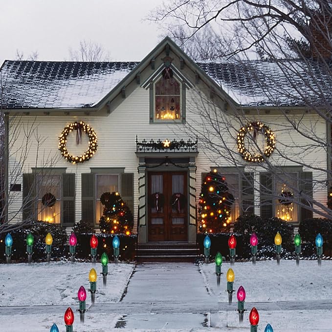 Abeja C9 Christmas Pathway Light Outdoor 38Ft Multicolor Bulbs Christmas Pathway Lights with 25Stakes Connectable Weatherproof Walkway Lights for Yard Lawn Sidewalk Garden Xmas Holiday Decor