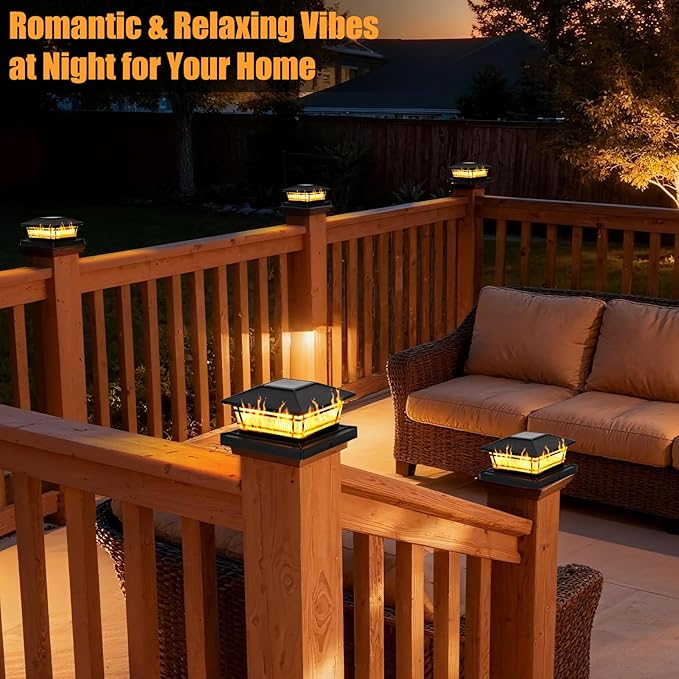 Flame Solar Post Cap Lights Flickering Flame &amp Warm Light Solar Deck Post Lights Waterproof Fence Post Lights for Garden Yard Porch Patio for 4x4 5x5 6x6 Vinyl/Wooden Posts 4 Pack Black
