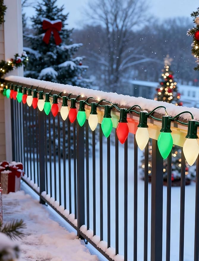 C7 LED Christmas Lights Outdoor - 25ft Red White and Green String Lights With 27 Ceramic Bulbs(2 Spare) Waterproof Commercial Grade Extendable for Indoor Outdoor Roofline Patio Yard Xmas Decor