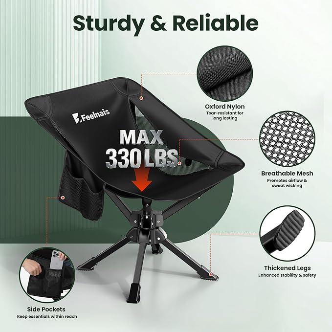 Folding Camping Chairs Lightweight &amp Portable No Assembly 360° Swivel Camping Chair for Adults Compact Outdoor Chairs for Beach Lawn Travel Backpacking Hiking Fishing