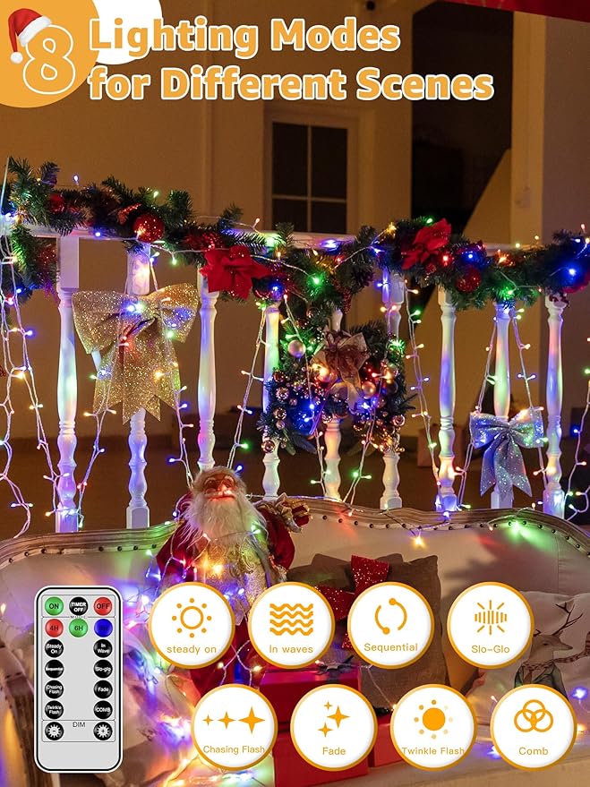 Christmas String Lights Indoor 1200LED 196FT Waterproof Outdoor String Lights with Remote and Timer 8 Modes Dimmable Christmas Lights for Indoor Outdoor Party Holiday Decorations (Multicolor)