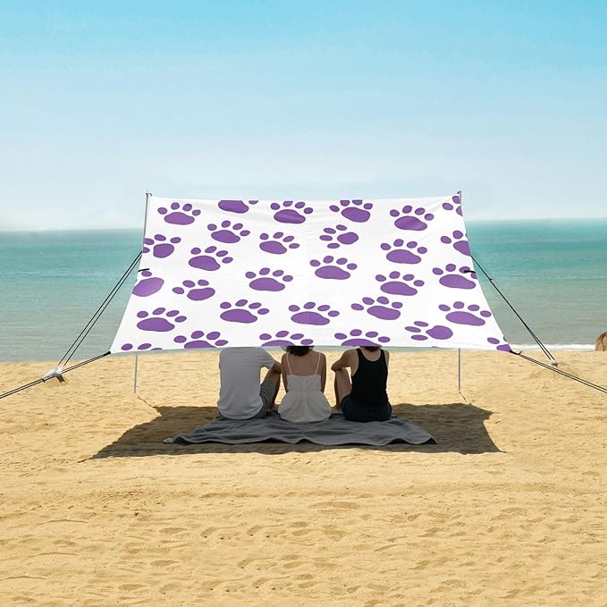 Paw Prints Purple Beach Tent Sun Shelter 9.2' x 10.5' Beach Canopy with 4 Sandbags 4 Stability Poles Sand Shovels - Tent Canopy for Beach Camping Fishing Picnics