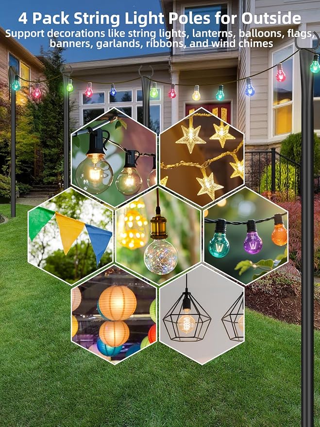 String Light Poles for Outside 4 Pack 10ft Metal Outdoor String Light Poles for Deck - Ideal for Patio Garden Yard Front Porch Decorations Black