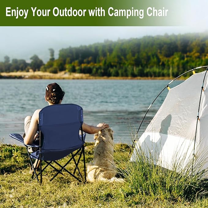 Folding Camping Collapsible Chairs Heavy Duty Lawn Chair with Cooler Bag Storage Pocket Waterproof Bag Outdoor Arm Chair Supports 225LBS Cyan