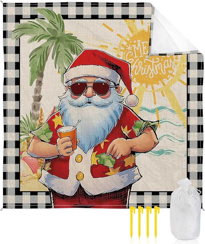 Beach Blanket Waterproof Sandproof OversizedMerry Christmas Santa Claus Beach Vacation Beach Mat with Corner Stakes Sand PocketsHawaii Palm Trees Checker Outdoor Picnic Mat for Travel 118x108In