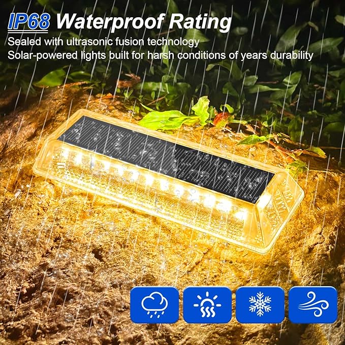 Lacasa Solar Deck Lights Solar Lights Outdoor Waterproof IP68 4 Pack Solar Powered Pathway Yard Driveway Step Landscape Light LED Lighting 50LM for Garden Path Walkway Stair Patio Warm White 2700K