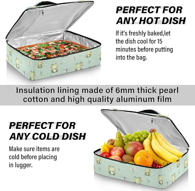 Casserole Carrier Pattern Print FrogInsulated Casserole Carrier for Hot or Cold Food Thermal Lunch Tote for Potluck Parties Picnic Beach Fits 9 x 13 Inches Baking Dish
