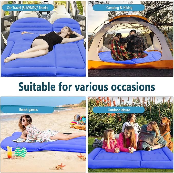 ISWEES Car Bed SUV Air Mattress Car Air Mattress with Home Power Adapter Electric Pump 2 Inflatable Pillows and 2 Footrests for Back Seat Side SeatTrunk Sleeping Thickened Camping Bed - Blue