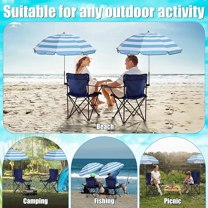2 Sets Beach Chair with Umbrella Foldable Camping Chair Fold up Umbrella with Universal Clamp Large Portable for Outdoors Fishing Camping Hiking Travel Picnic Beach (Navy BlueGray)