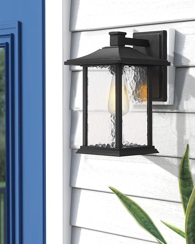 Beionxii Outdoor Light Fixture 14 inch Dusk to Dawn Exterior Wall Mount Lantern Outside Lights for House Patio Black Cast Aluminum w/Water Glass - A272W-1PK