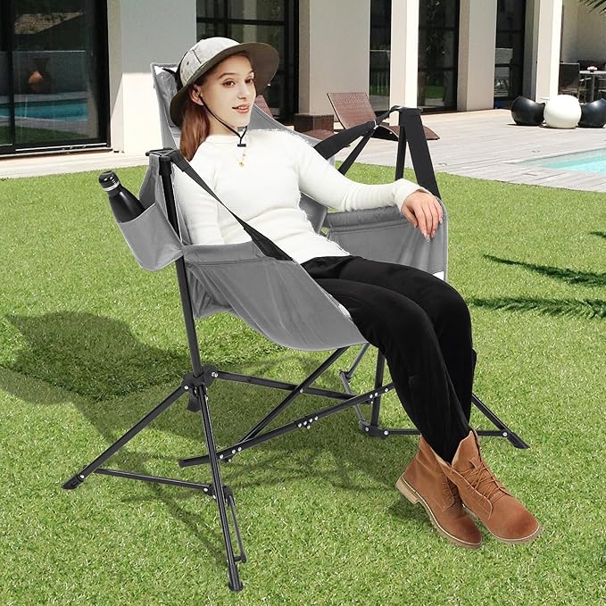 Hammock Folding Camping Chair - Outdoor Portable Swing Camp Chairs with Stand Adults Rocking Swinging Chair for Beach Lawn Patio (Grey)