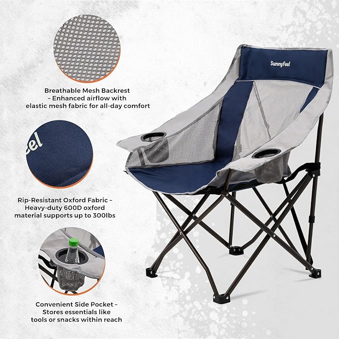 SUNNYFEEL Lightweight Oversized Camping Chairs for Adults Portable Folding Chair with Side Pockets &amp Cup Holde for BeachFishingTripPicnicLawnConcert Outdoor Carry Bag Included