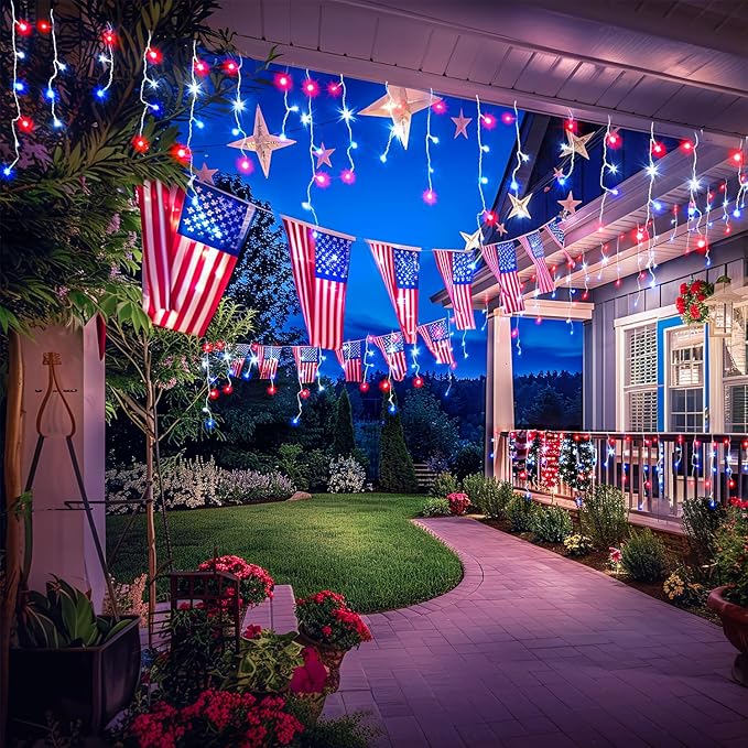 JMEXSUSS Icicle Lights for 4th of July Decor 400 LED Red White and Blue Icicle Lights for Outside 38.8 Ft Independence Day Icicle String Light Indoor Outdoor Holiday American Flag Decor