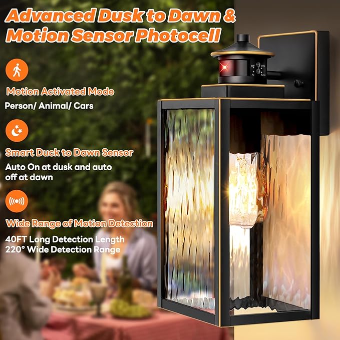 13.6 Motion Sensor Outdoor Wall Sconce Lantern Exterior Waterproof Wall Lights Fixture with Water-Rippled Glass Bronze Outside Mount Lighting for House Porch Garage Patio Bulbs Not Included