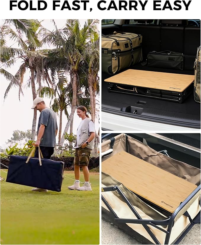 KingCamp Bamboo Camp Kitchen Station Folding Overland Camping Kitchen Table Hooks Portable Outdoor Cooking with Adjustable Lantern Pole &amp Windshield Storage Organizer for Tailgating BBQ Picnic RV