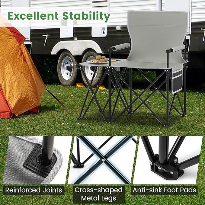 Goplus Oversized Camping Chair with Side Table Folding Heavy-Duty Picnic Chair w/ 2 Storage Pockets Cup Holder Padded Armrests Carrying Bag Portable Outdoor Chair for Fishing RV Trip (Gray2)