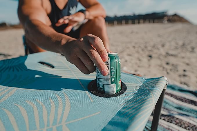 Neso Beach Table - Lightweight Portable and Foldable Table for Beach Camping and Outdoor Adventures - Stable Surface - with Cup Holder for Drinks and Phone Pockets - Aqua Fronds