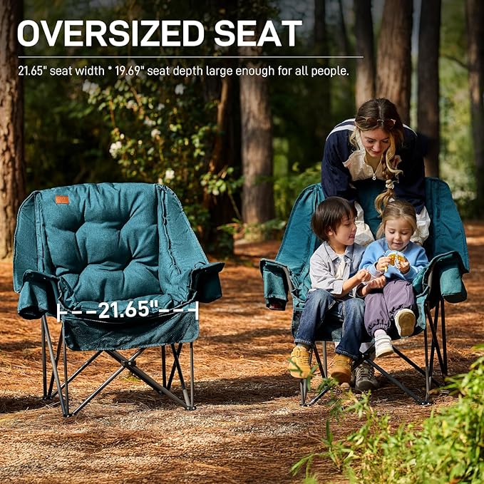 EVER ADVANCED XL Camping Chair with Detachable Cushion Mesh Chair for Adults Foldable Oversized Heavy Duty Folding Chair with Cooler Mesh Pocket Cupholder Outdoor Fishing Supports 400LBS Green