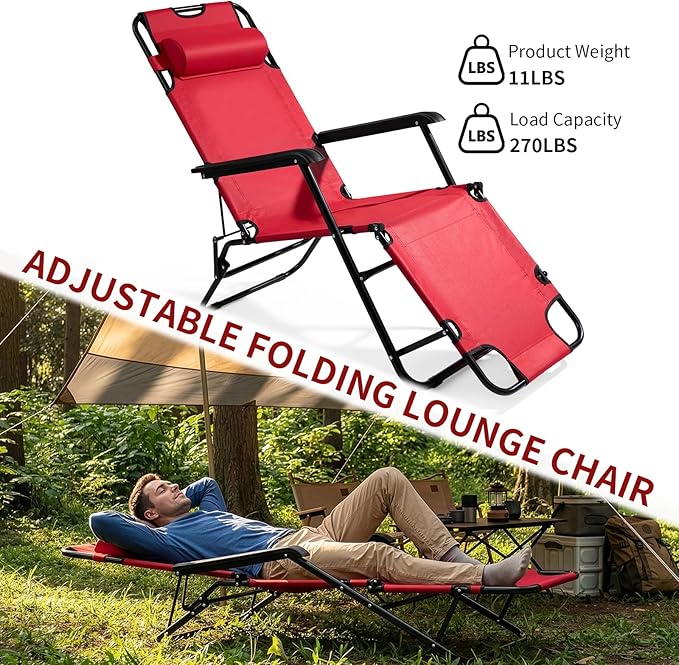Reclining Camping Chair Portable Dual Purposes Extendable Folding Reclining Chair4 Adjustable Positions Patio Beach Chair for AdultsLawn Lounge Chairswith Headrestfor Garden Pool Sports (Red)
