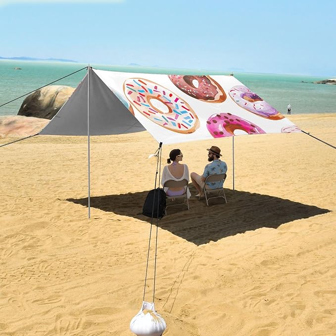 Cute Donuts Beach Tent Sun Shelter 9.2' x 10.5' Beach Canopy with 4 Sandbags 4 Stability Poles Sand Shovels - Tent Canopy for Beach Camping Fishing Picnics