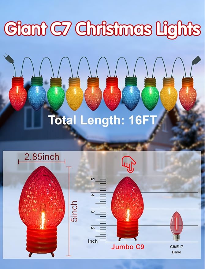 Jumbo Christmas Lights String16FT C7 Giant Christmas Lights Decorations Connectable Hanging Lights with 10 Multicolor Strawberry Big Bulb for Roof Yard Garden Outside Decor