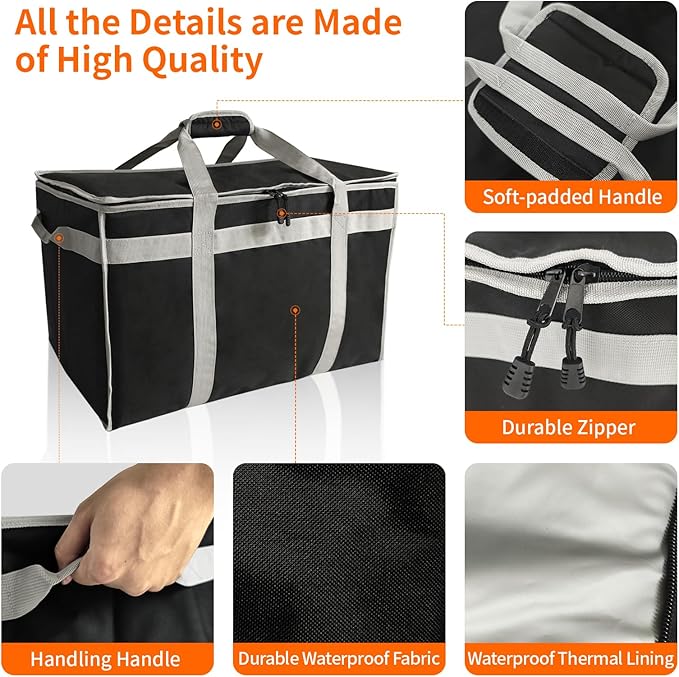 D&ampONEHOS XXXL Insulated Food Delivery Bag with Side Handles Insulated Grocery Bag for HOT/COLD Food Reusable Fit for Uber Eats Doordash Camping Picnics Garden Parties (23”x14”x15”)