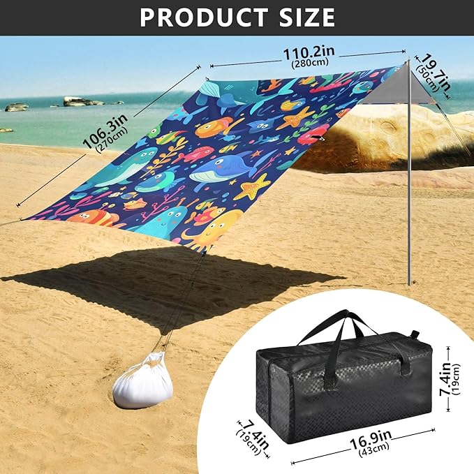 Cute Cartoon Undersea World Camping Sun Shelter Beach Tent Portable Beach Sun Shade Outdoor Canopy for Camping Trips Fishing Picnic