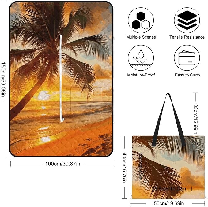 Zipper Tropical Beach Palm Tree Sunset Style Picnic Mat Suitable for Travel Camping Park Or Home Use